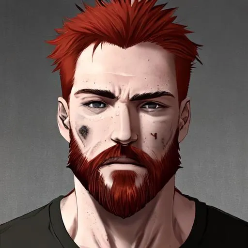 Prompt: Male ex gangster, Irish, red hair, everywhere scars in face, nearly Black eyes, brown beard,