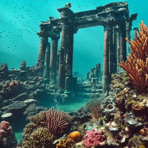 Prompt: Ancient ruins under water, completely overgrown by lots of corals and shellfish in various colors