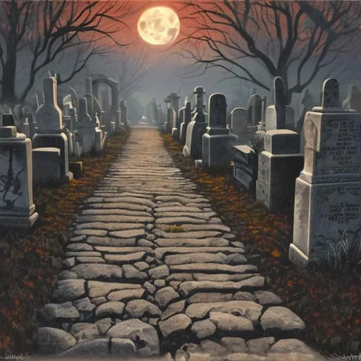 Prompt: A painting of A worn stone path in a cemetery under a full moon