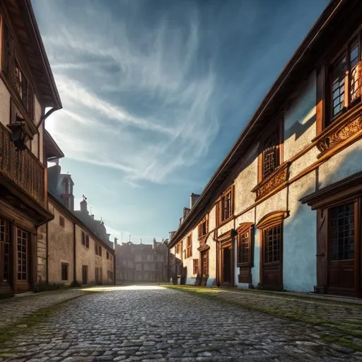 Prompt: Big dark wood big buildings with road in the 1700s carriges nice daylight, nice weather light blue sky high resolution 4k