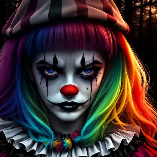 Prompt: ominous, sinister, Devastated Miserable Sad 3D HD Tragic Bum filthy {Clown}Female, hyper realistic, 4K expansive forest background --s99500