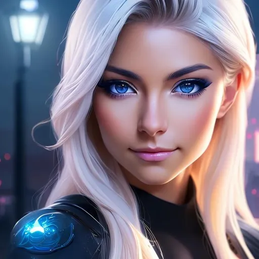 Prompt: Alexa Bliss, smooth soft skin, big dark blue eyes, beautiful blonde hair, symmetrical, anime wide eyes, evil gaze, soft lighting, detailed face, by makoto shinkai, stanley artgerm lau, wlop, rossdraws, concept art, digital painting, looking into camera