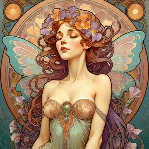 Prompt: art nouveau illustration, full body bare breasted Monacan woman with open eyes, fairy wings made of Amblygonite, eyes open and feeling pleasure, detailed Iris germanica, thick lines, intricate eye details, beautiful colors, high quality, art nouveau, detailed wings, elegant, intricate linework, vibrant colors, graceful pose, professional, atmospheric lighting