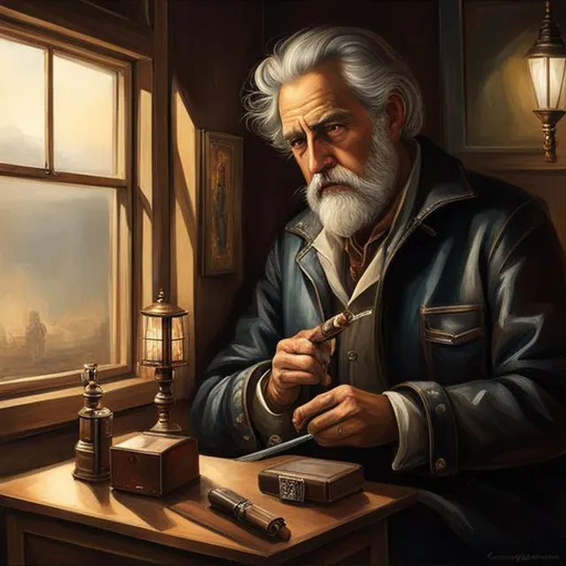 Prompt: Third-person, full body of character in view, sharp nose, kind eyes, and a wise expression, weathered and rugged, mechanical arm, smoking a cigar by the window, lights from blinds, Khajit, leather jacket, highest quality concept art masterpiece, oil painting, intricate details, professional, highly detailed,