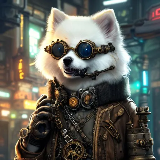 Prompt: white pomeranian with steampunk goggles smoking a cigar, cyberpunk, wearing a techwear coat, artstation, 8k, 3D, very detailed, concept art, realistic, colorful, neon lights shining down