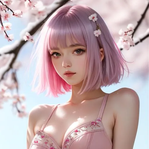 Prompt: 18 years old cute and beautiful girl, hi res, photography, realistic, high details, facial details, messy stray hair bob fringe pink and silver, slim body, f-cup size, kneeling down in snowry winter cherry blossoms, hyperdetail, 4k, 8k, sunny day, pastel soild and sharp colour, backlit