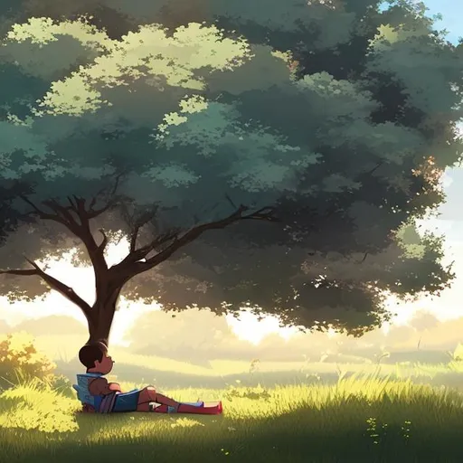 Prompt: a boy sitting under a tree, day light color is dawn color