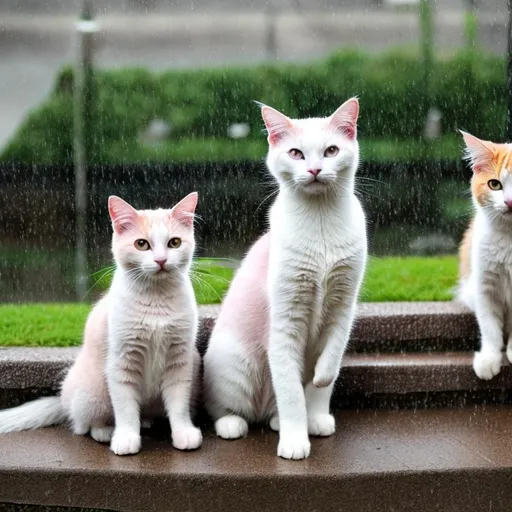 Prompt: pink Cats sitting watching rain

