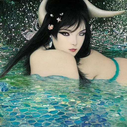 Prompt: Drawing of a {light goddess} with {horns}, {zilver and black tints} and with a cute face, {laying down in the Ocean}, perfect proportions, perfect eyes, composition, hyperrealistic, super detailed, high quality, sharp focus, painting, intricate details, highly detailed, style tsutomu nihei and Gustaf klimt