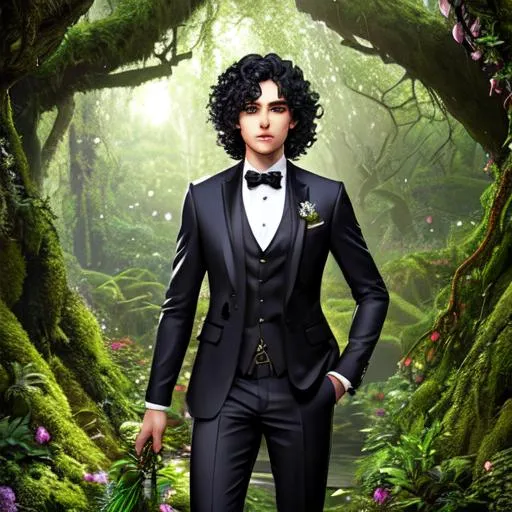 Prompt: the goddess of the the earth, in the woods, wearing a suit with ornate patterns with flowers, dirt, moss, and plants. fantasy, black hair with curly hair, high resolution, 8k, clear eyes, extremely detailed face, realistic eyes, boy, full body