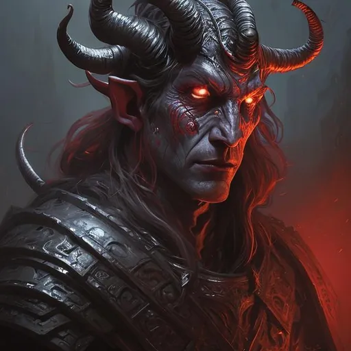 Prompt: a portrait of a tiefling paladin, with grey skin, with long hair and two sytaight horns, dark ambient, d & d fantasy, ambient light, highly detailed, black and red scheme, art by artgem and greg rutkowski