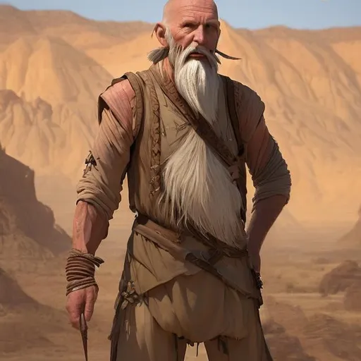 Prompt: and old man with no hair and a very long beard, his sun scorched and skin wrinkled. his clothes tatters and neutral to match the desert landscapes he normally traverses. with bow strung over shoulder and dagger on the hip  in the style of dungeon and dragons characters