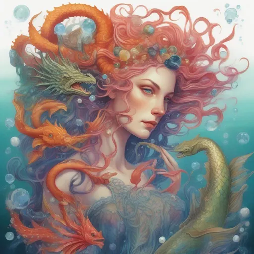 Prompt: A colourful and beautiful Persephone, with precious gem coloured hair and her hair being made out of magic and tentacles, with scales on her skin, with a sea-dragon and fish underwater in a painted style surrounded by pearl and coral