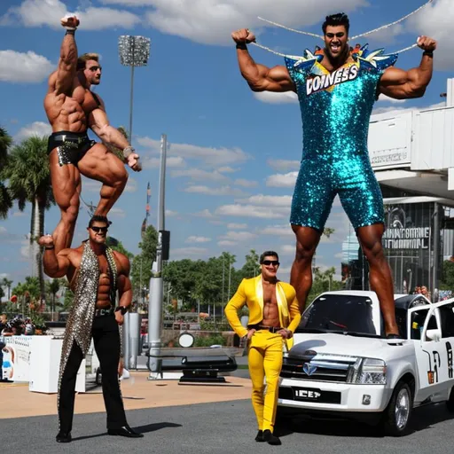 Prompt: 30 foot tall bodybuilder vs 7-foot-tall runway model, cars, planes, giants, Mambo, sequin, ripped clothes, super muscular 