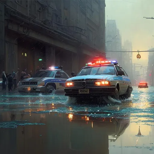 Prompt: "a police car driving through shallow water, flooded city, raining, people walking through shallow water, muted colors, hyperrealistic, oil painting, intricate, cgsociety, artstation, 8 k, cinematic, soft lighting, by greg rutkowski, by wlop, by artgerm"