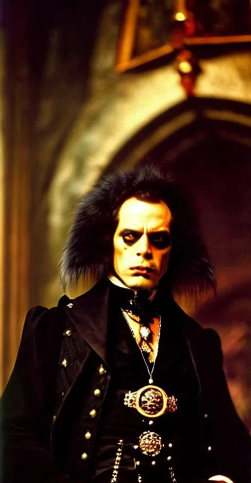 Prompt: Klaus Kinski as a vampire decked out in gothic leather for a Deathklok concert in Victorian England; by Joe Benitez; by Rembrandt van Rijn; by Ariel Olivetti; in rich oil color with advanced specularity realistic fur volumetric lighting deep focus and subsurface scattering; rule of thirds; dramatic composition