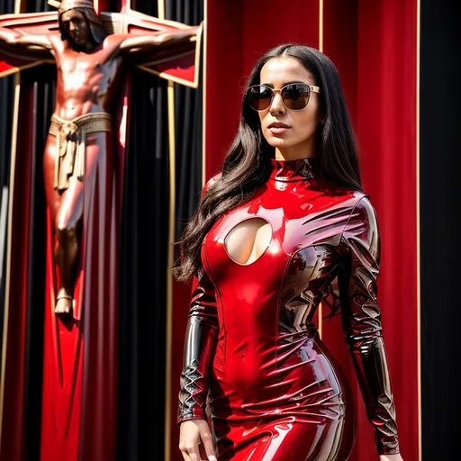 Prompt: Beautiful woman from a random country, black sunglasses wearing a red latex haute couture futuristic dress, in the catholic church, next to a sculpture of the crucifixion, highly detailed, ambient light, provocative, close-up portrait.
