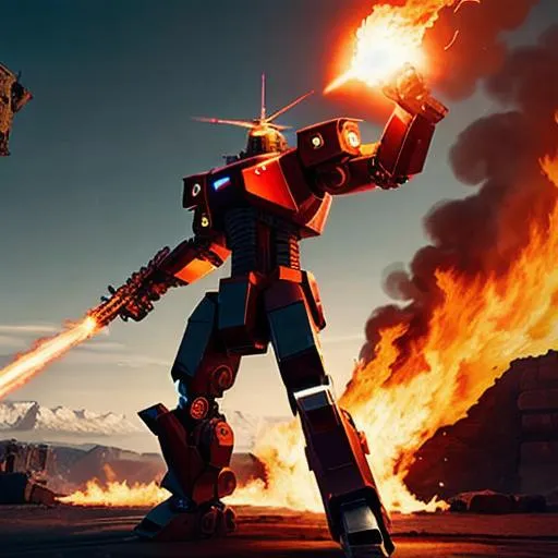 Prompt: Giant robot with flaming sword, attack, extreme explosion, cyber war, hd ultra 4k, cinematic, hyper-realistic