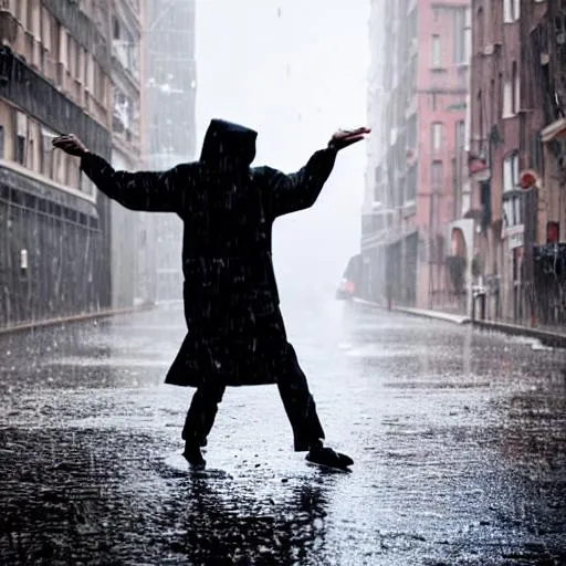 Prompt: Hooded man dancing alone in the rain . Near a crowded street
