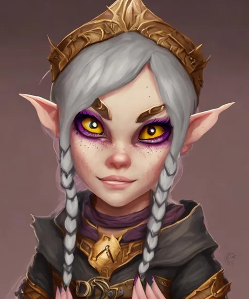 Prompt: A fantasy portrait of a cute but sinister looking, and freckled female gnome sorceress, pathfinder