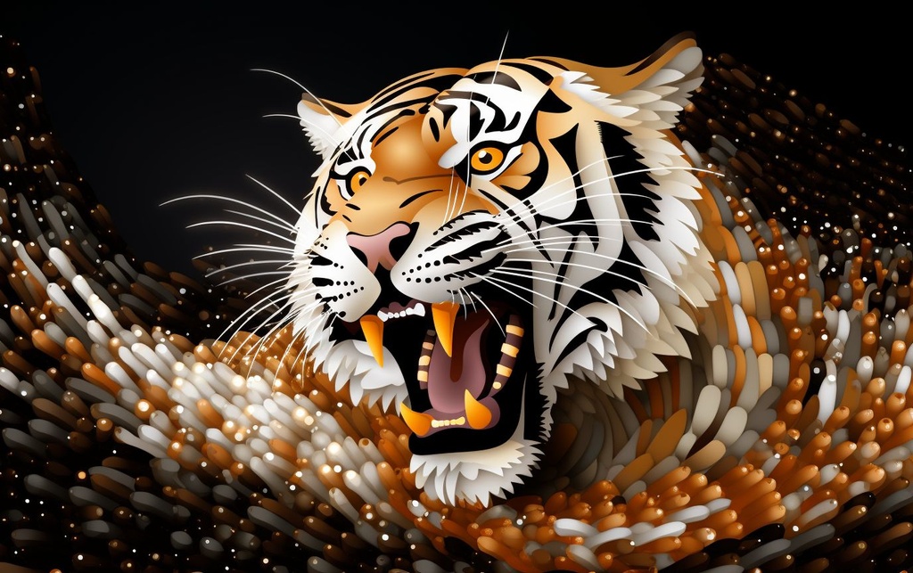 Prompt: vector 3d tiger roar made of different sized glittering pearls looking at me, extreme field of depth