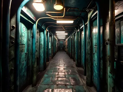 Prompt: Dark hallway on the submarine with many doors,shopfront,store
