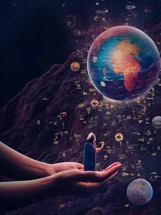 Prompt: Imagine a person standing at the edge of a cliff, with a clear view of a beautiful landscape ahead. The person has their arms outstretched and their eyes closed, as if in deep concentration. From their mind, vibrant thought bubbles are emanating, filled with various images representing their desired outcomes: a diploma symbolizing education, a globe representing travel, a dollar sign representing financial abundance, and so on. These thought bubbles are morphing into physical manifestations that hover in the air around the person, ready to be realized. Birds are soaring above them, representing freedom and endless possibilities. The scene is bathed in warm, golden sunlight, symbolizing positivity and empowerment. This concept visually captures the idea of transforming thoughts into real-world results through the power of manifestation.