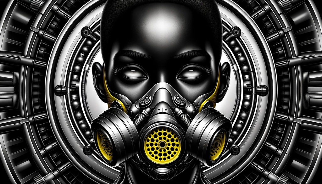 Prompt: Wide illustration of a black female android head, adorned with a radiant yellow gas mask, set against a backdrop of dark silver and black, embodying the essence of afrofuturism and detailed hyperrealism.