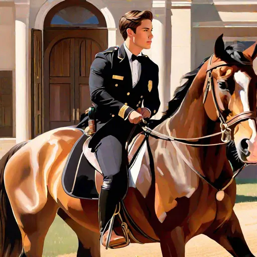 Prompt: Caleb  as a police officer (brown hair) (brown eyes) wearing a tuxedo, full body, riding a horse, pulling back on the reins, making the horse on its hind legs rearing  up, two large doors directly behind him, center, front-facing