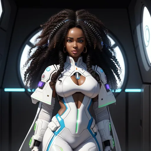 Prompt: Psyker, perfect composition, {25 year old}, lean {west african woman}, wearing futuristic {white future tech robes}, {long curly brunette and black hair}, peak fitness, determined expression, confident smirk, looking at viewer, 8k eyes, detailed symmetrical face, real, alive, real skin textures, 8k, cinematic volumetric light, proportional, sharp focus, studio photo, intricate details,