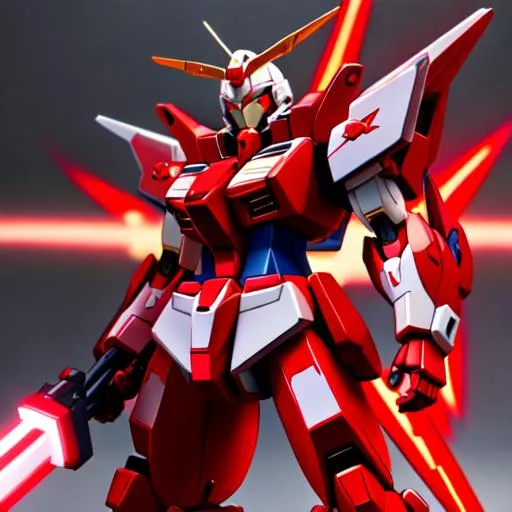 Prompt: Gundam Red Astray holds two swords, full body pose, highly detailed in designed,   red and white color combination, cinematic lighting, 8K