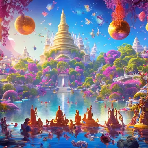 Prompt: A break taking image of a very beautiful view of the temple of the dream realm floating in the sunny sky fantasy multi colourful beautiful crowded with magical people 