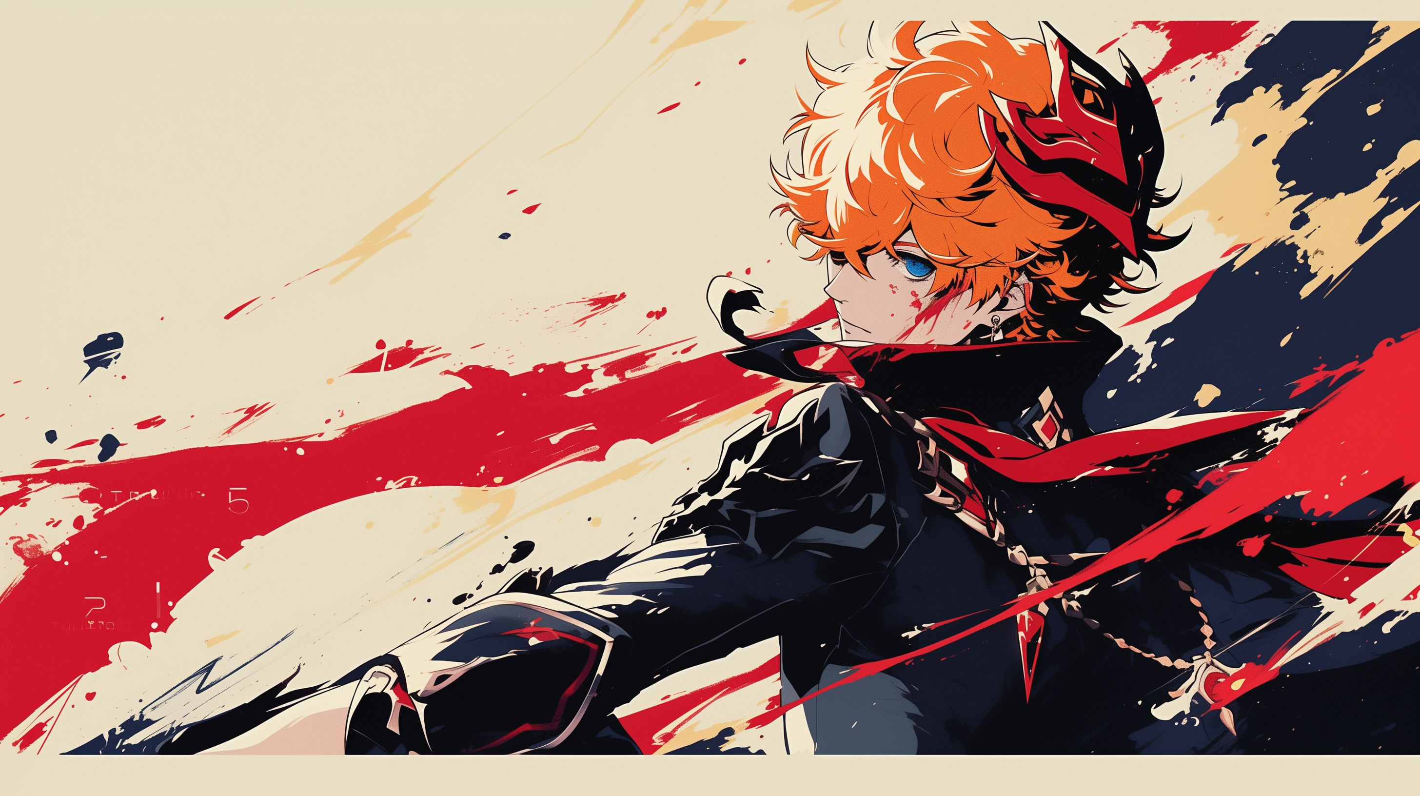 Prompt: Tartaglia from Genshin Impact, Persona 5 style, Short messy ginger hair with Ahoge that falls between the eyes, dark blue eyes, red diamond earing on right side, aged japanese vintage woodblock print style, water color brush strokes, vector, dynamic pose, thick white border, shades of red and black --ar 16:9 --niji 6