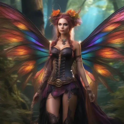 Prompt: Epic. Cinematic. Shes a (colorful), Steam Punk, gothic, witch. spectacular, Winged fairy, with a skimpy, (colorful), gossamer, flowing outfit, standing in a forest by a village. ((Wide angle)). Detailed Illustration. 8k.  Full body in shot. Hyper real painting. Photo real. An (extremely beautiful), shapely, woman with, ((Anatomically real hands)), and (vivid), colorful, (bright eyes). A (pristine) Halloween night. (Concept style art). 