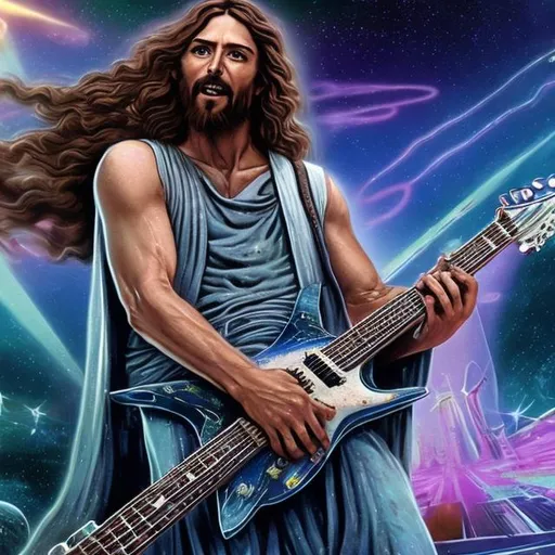 Prompt: Jesus playing double-neck guitar in a busy alien mall, widescreen, infinity vanishing point, galaxy background, surprise easter egg