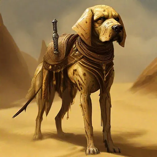 Prompt: (in dripping art style) Sandy, The Dune-Hound is the loyal dog of the Redguard hunters of the Alik'r, dripping sand, Masterpiece, Best Quality 
