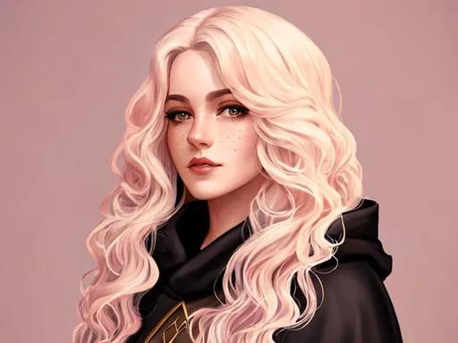 Prompt: dnd, portrait, long curly hair, female, Illustration, black hood and robes, scars, freckles