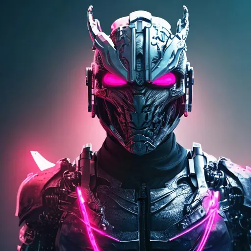 Prompt: Male wearing a dragon helmet, cyborg, ninja, black, pink, white, 4k resolution