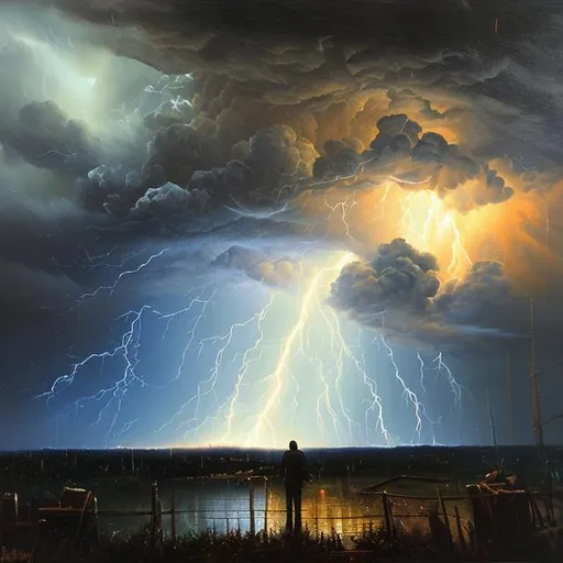 Prompt: Oil painting, a man above all in the sky , storm with thunders