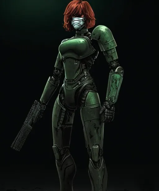 Prompt: Strong Female Super soldier, short red hair, femboy, serius, alone, dark, hurt, very dark green iron power armor legs, no upperbody armor, wearing a mask
