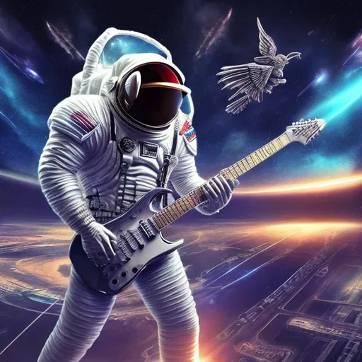 Prompt: Bodybuilding Assyrian Winged astronaut playing guitar for tips in a busy alien mall, widescreen, infinity vanishing point, galaxy background