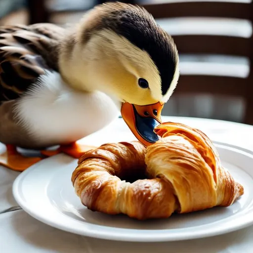 Prompt: cute duck eating croissant 



