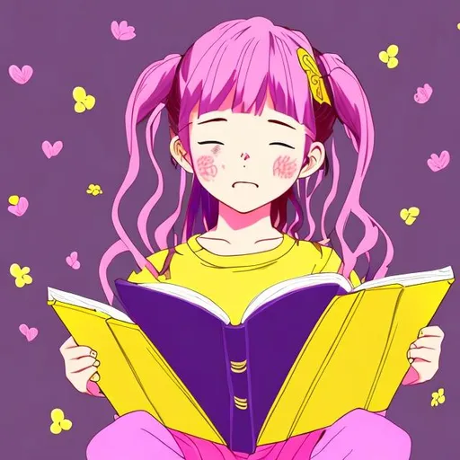 Prompt: an anime illustration of a beautiful and adorable girl with pink and purple hair reading a yellow and pink book 
