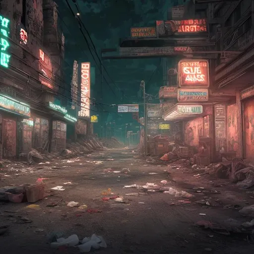 Prompt: Post-apocalyptic street scene with trash and neon