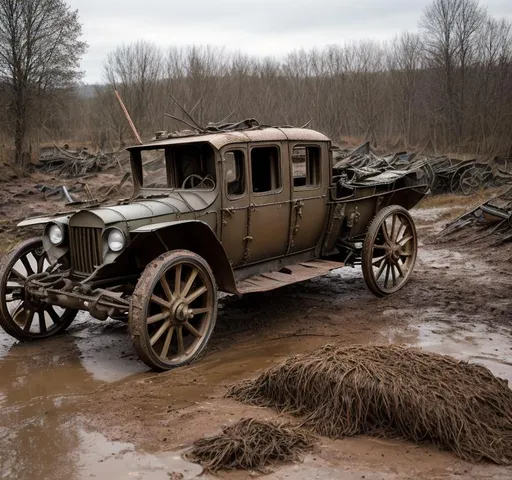 Prompt: A battered steampunk war carriage on the battlefields of ww1. barbed wire, trenches, dead soldiers and horses litter the muddy and destroyed terrain. Burned tree stumps smoilder in the background.