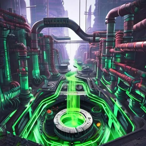 Prompt: megatropolis sewer with neon green, radioactive water flowing from pipes, black and green industrial sewer 