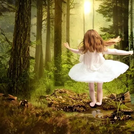 Prompt: 
Hyper-realistic photos, woods, mountains, sunsets, scenery, aesthetics, nature, movies, art, divine lights, little girls in white singing and dancing.
