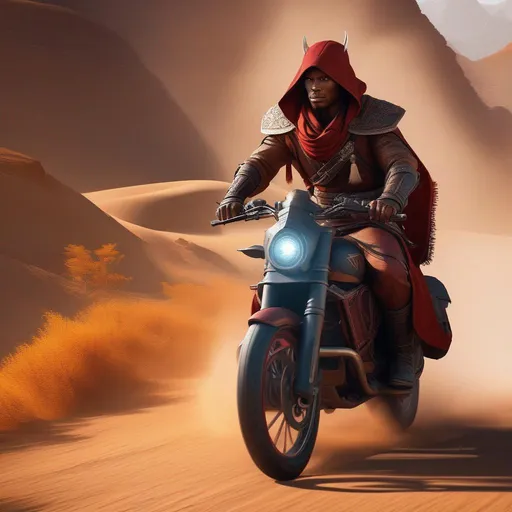 Prompt: Warm colors, 3D, HD, Epic, Gritty, a tiefling with African-American features wearing traditional Chinese garb, riding a big trail motorcycle. From Assassin's Creed