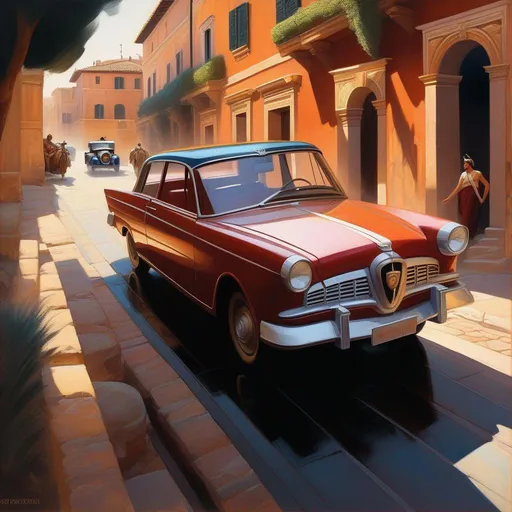 Prompt: Ancient Rome, car chase, cartoony, warm atmosphere, extremely detailed painting by Greg Rutkowski and by Henry Justice Ford and by Steve Henderson