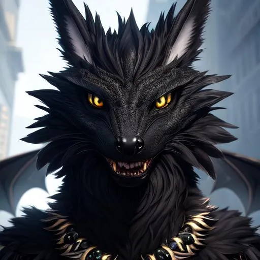 Prompt: Portrait of an anthro wyvern with striking black fur and iridescent black markings and a cute face, liminal space streets, perfect composition, hyperrealistic, super detailed, 8k, high quality, trending art, trending on artstation, sharp focus, studio photo, intricate details, highly detailed, by greg rutkowski